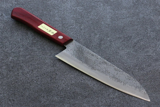 Seisuke Blue Super (บลูซุปเปอร์สตีล) ลายค้อนตี มีด Santoku มีดทำครัวญี่ปุ่น 165mm ด้ามไม้ Pakka wood สีแดง