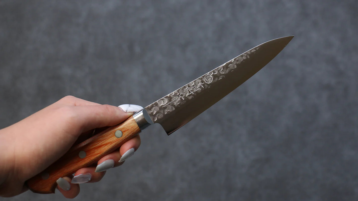 Takamura Knives เหล็ก Chromax ลายค้อนตี มีดขนาดเล็ก  Petty มีดทำครัวญี่ปุ่น 130mm ด้ามไม้ Pakka wood สีน้ำตาล